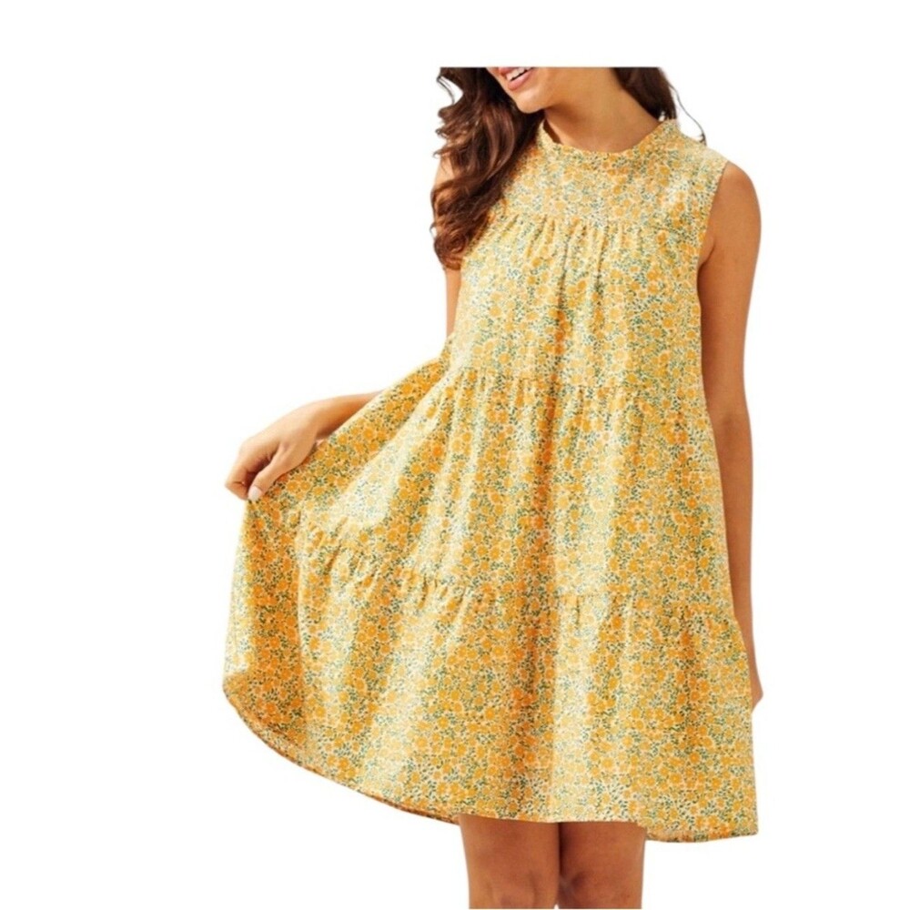 Modcloth Womens Size XL Yellow Floral Dress sleeveless cotton tiered babydoll
